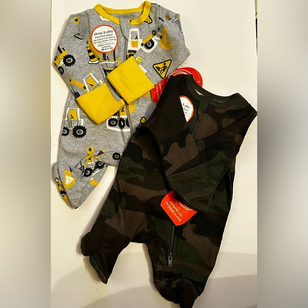 Baby Boys Camouflage Sleep N Play onesie and Construction Sleep N Play onesie